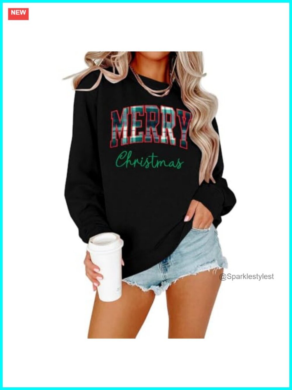 Merry Christmas Plaid Embroidered Sweatshirt Cotton Blend Pullover